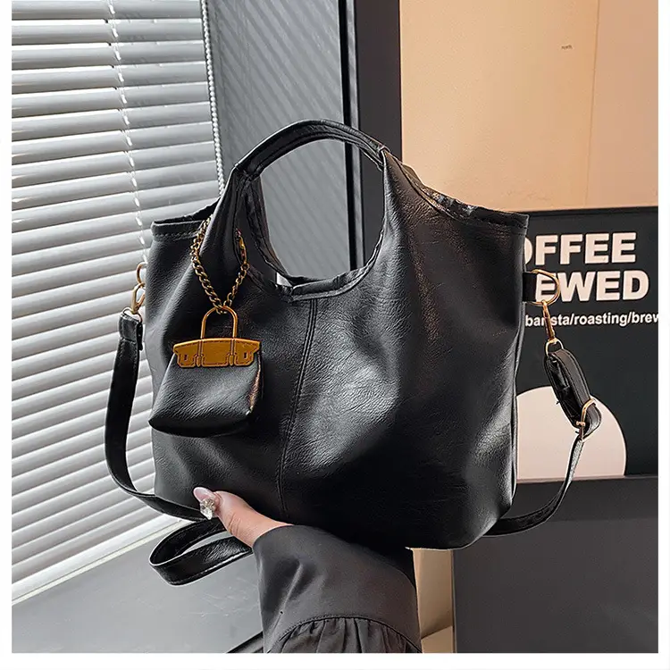 Women Retro Soft Leather Tote Bag Brown Black Black - Image 6