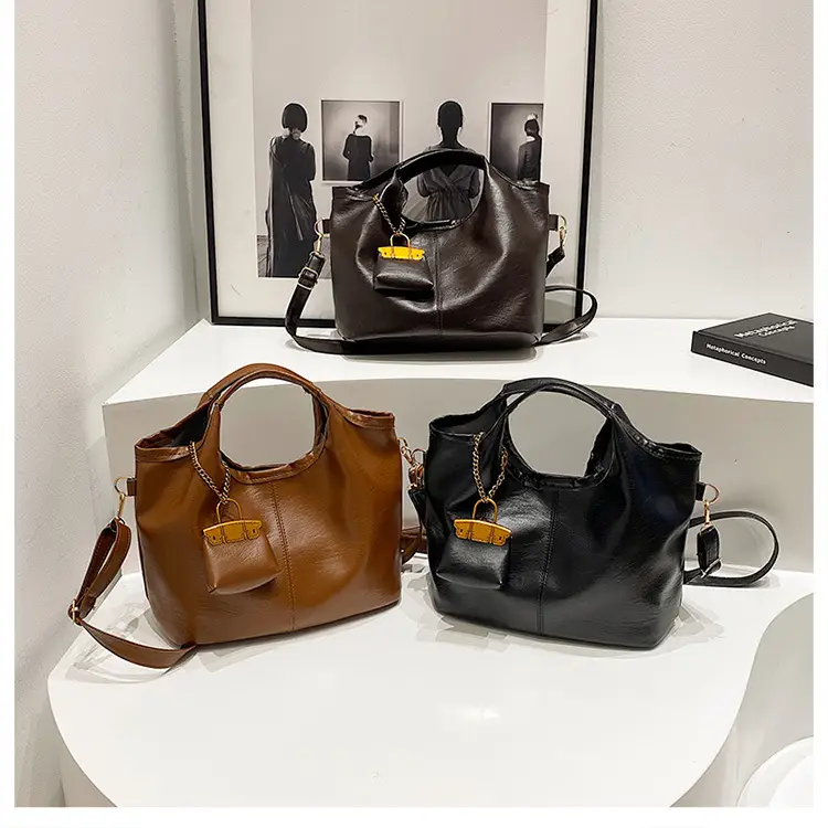 Women Retro Soft Leather Tote Bag Brown Black Black - Image 7