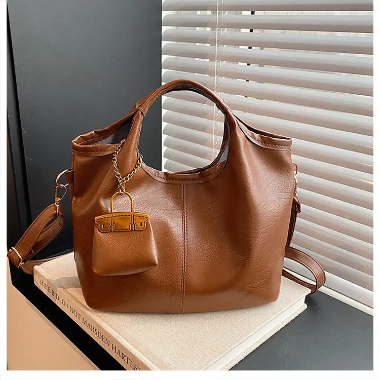 Women Retro Soft Leather Tote Bag Brown Black Black - Image 2