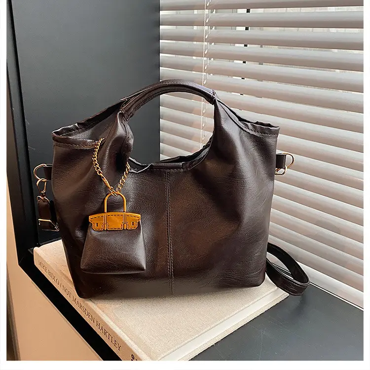 Women Retro Soft Leather Tote Bag Brown Black Black - Image 3