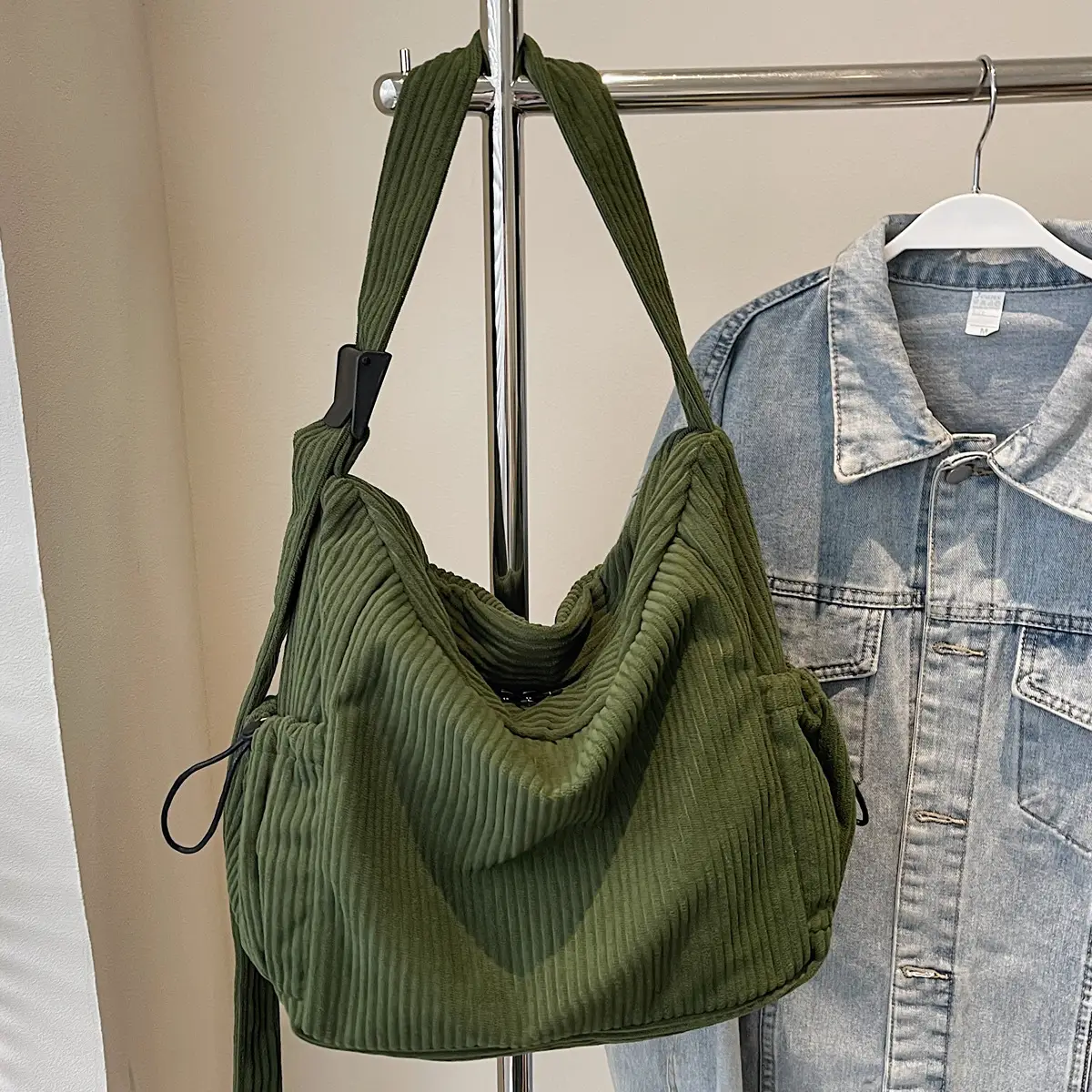 Green Corduroy Crossbody Bag for Women Large Capacity - Image 3