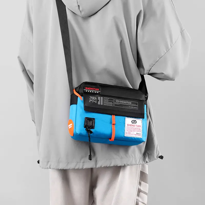 Men's Korean Style Waterproof Crossbody Bag Blue Orange - Image 10