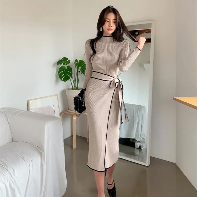 South Korea Chic Autumn and Winter Vintage Niche Half-turtleneck Slim-fit Elegant Color-matching Mid-length Strap Knitted dress Women