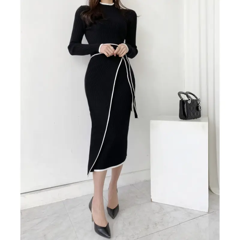 South Korea Chic Autumn and Winter Vintage Niche Half-turtleneck Slim-fit Elegant Color-matching Mid-length Strap Knitted dress Women