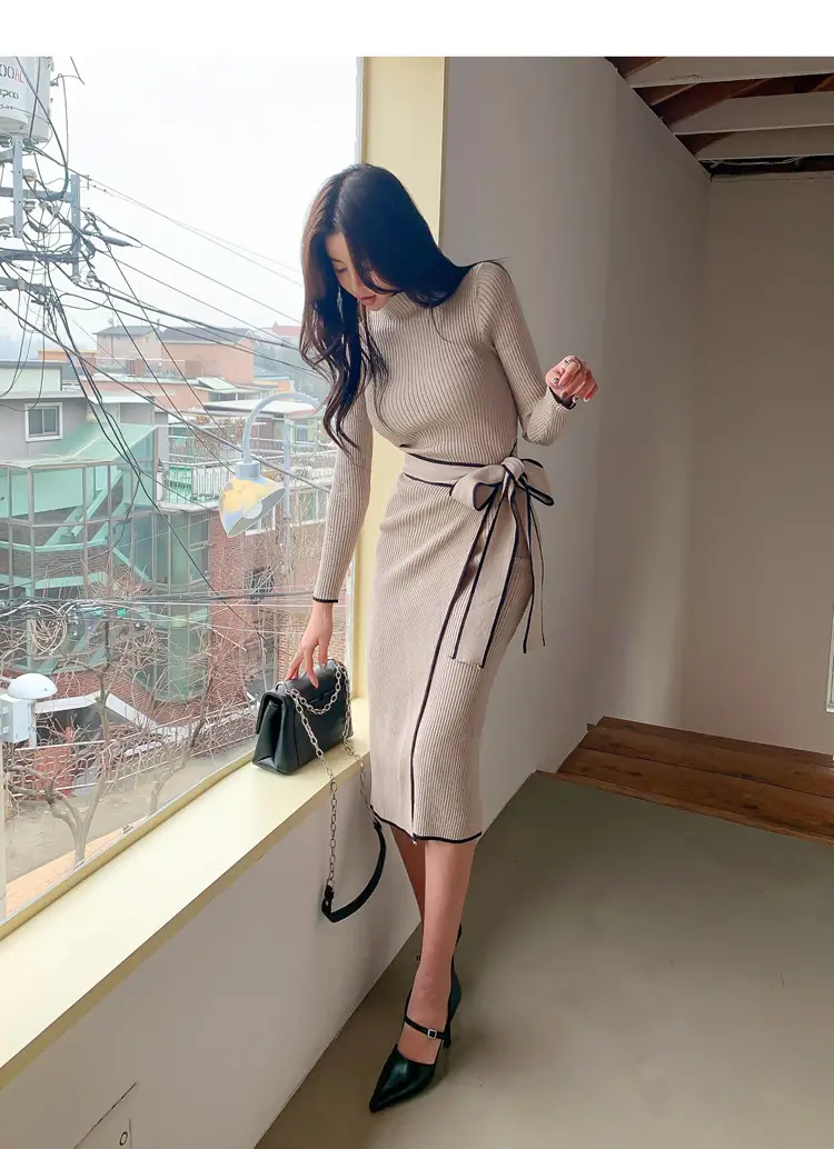 South Korea Chic Autumn and Winter Vintage Niche Half-turtleneck Slim-fit Elegant Color-matching Mid-length Strap Knitted dress Women — feature 10