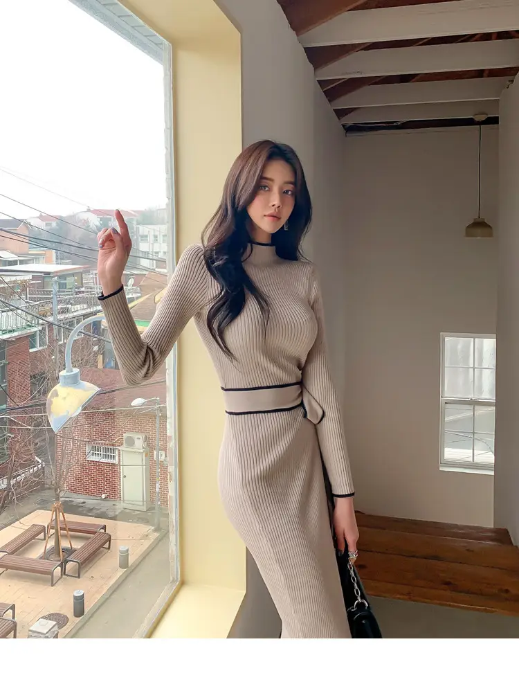 South Korea Chic Autumn and Winter Vintage Niche Half-turtleneck Slim-fit Elegant Color-matching Mid-length Strap Knitted dress Women — feature 11