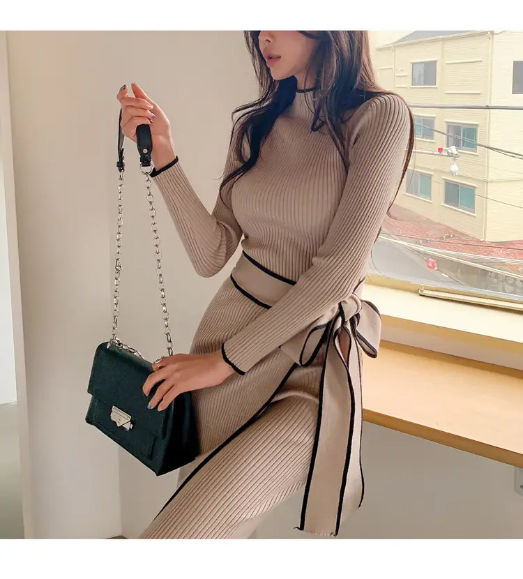 South Korea Chic Autumn and Winter Vintage Niche Half-turtleneck Slim-fit Elegant Color-matching Mid-length Strap Knitted dress Women — feature 12
