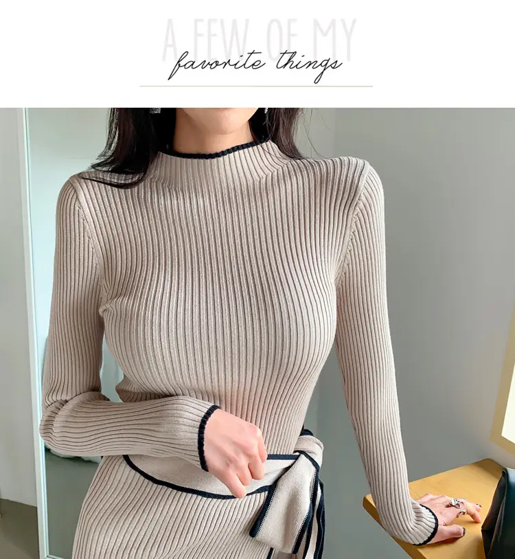 South Korea Chic Autumn and Winter Vintage Niche Half-turtleneck Slim-fit Elegant Color-matching Mid-length Strap Knitted dress Women — feature 14