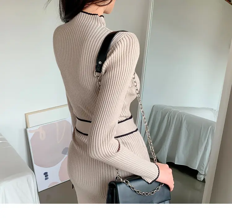 South Korea Chic Autumn and Winter Vintage Niche Half-turtleneck Slim-fit Elegant Color-matching Mid-length Strap Knitted dress Women — feature 15