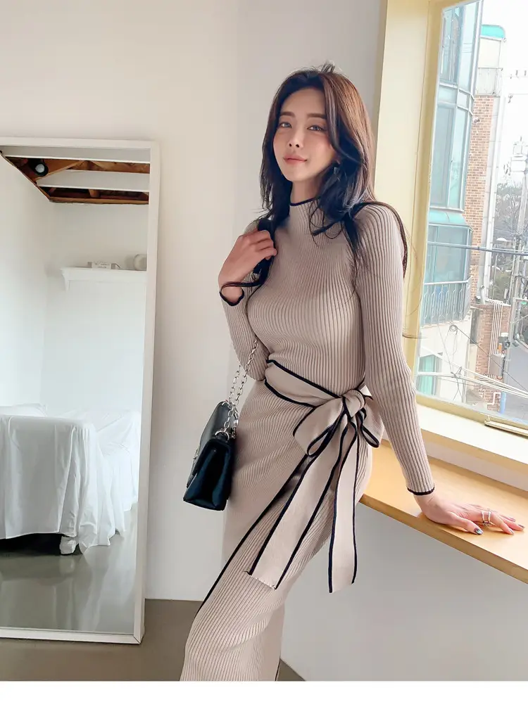 South Korea Chic Autumn and Winter Vintage Niche Half-turtleneck Slim-fit Elegant Color-matching Mid-length Strap Knitted dress Women — feature 19