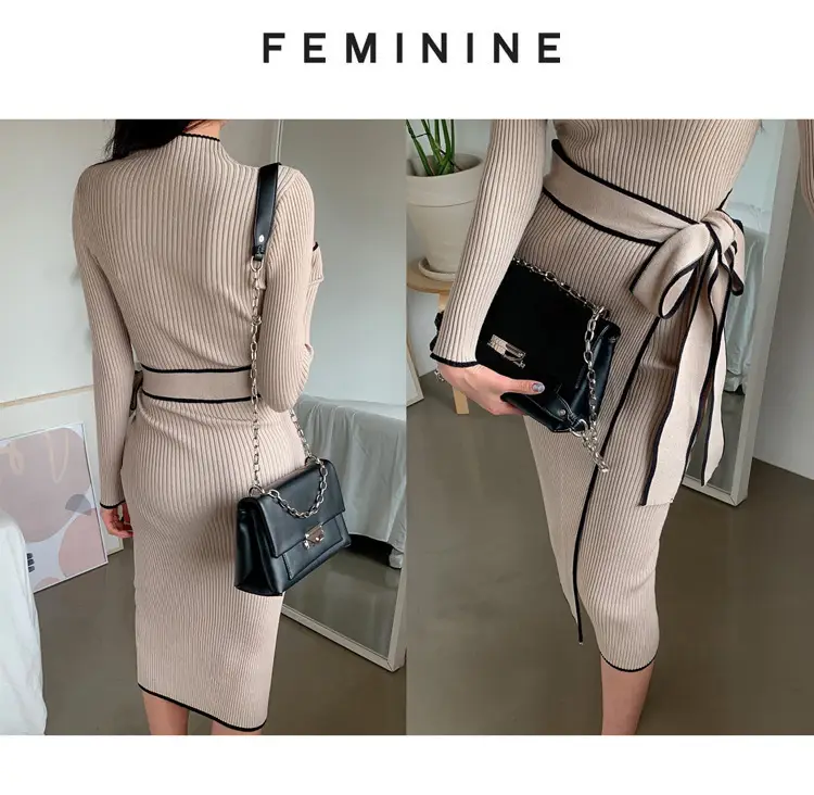 South Korea Chic Autumn and Winter Vintage Niche Half-turtleneck Slim-fit Elegant Color-matching Mid-length Strap Knitted dress Women — feature 20