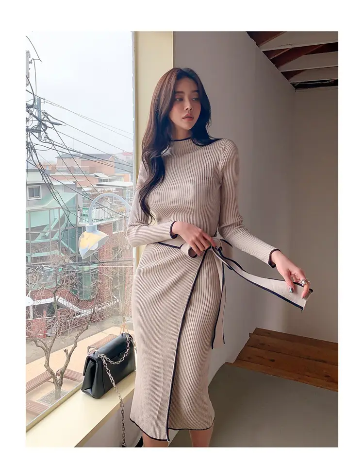 South Korea Chic Autumn and Winter Vintage Niche Half-turtleneck Slim-fit Elegant Color-matching Mid-length Strap Knitted dress Women — feature 21