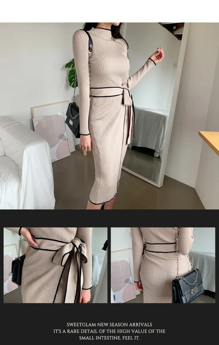 South Korea Chic Autumn and Winter Vintage Niche Half-turtleneck Slim-fit Elegant Color-matching Mid-length Strap Knitted dress Women — feature 22