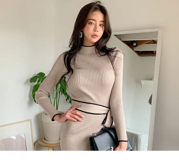 South Korea Chic Autumn and Winter Vintage Niche Half-turtleneck Slim-fit Elegant Color-matching Mid-length Strap Knitted dress Women — feature 23