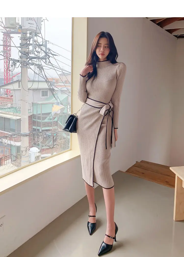 South Korea Chic Autumn and Winter Vintage Niche Half-turtleneck Slim-fit Elegant Color-matching Mid-length Strap Knitted dress Women — feature 24