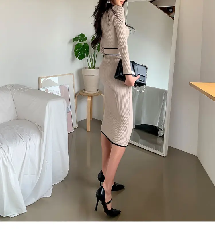 South Korea Chic Autumn and Winter Vintage Niche Half-turtleneck Slim-fit Elegant Color-matching Mid-length Strap Knitted dress Women — feature 25