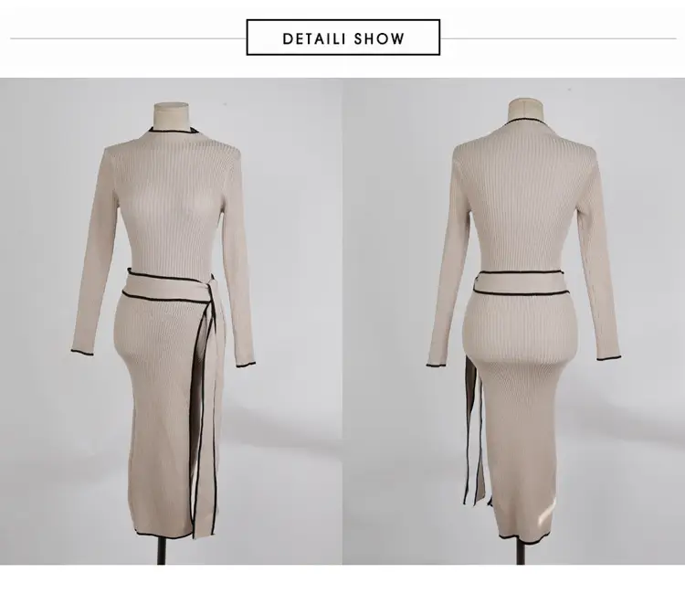 South Korea Chic Autumn and Winter Vintage Niche Half-turtleneck Slim-fit Elegant Color-matching Mid-length Strap Knitted dress Women — feature 26