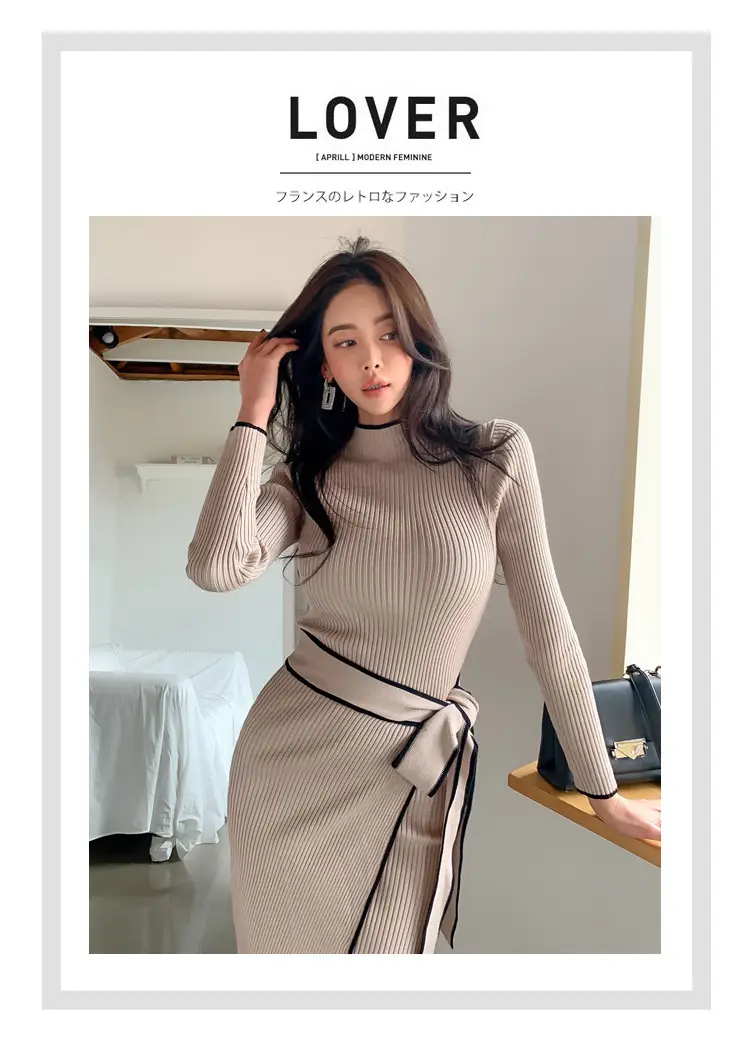 South Korea Chic Autumn and Winter Vintage Niche Half-turtleneck Slim-fit Elegant Color-matching Mid-length Strap Knitted dress Women — feature 3