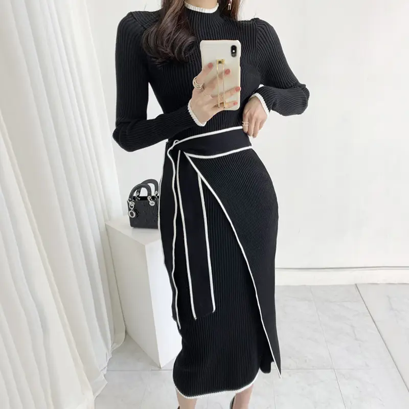 South Korea Chic Autumn and Winter Vintage Niche Half-turtleneck Slim-fit Elegant Color-matching Mid-length Strap Knitted dress Women — feature 5