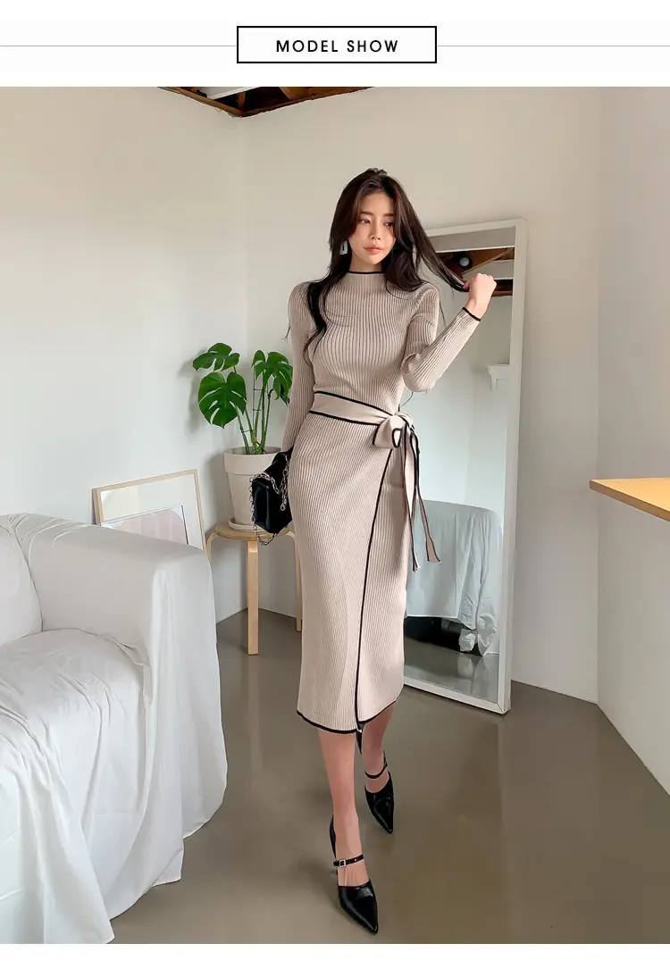 South Korea Chic Autumn and Winter Vintage Niche Half-turtleneck Slim-fit Elegant Color-matching Mid-length Strap Knitted dress Women — feature 8