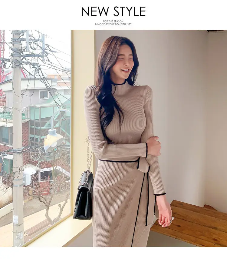 South Korea Chic Autumn and Winter Vintage Niche Half-turtleneck Slim-fit Elegant Color-matching Mid-length Strap Knitted dress Women — feature 9