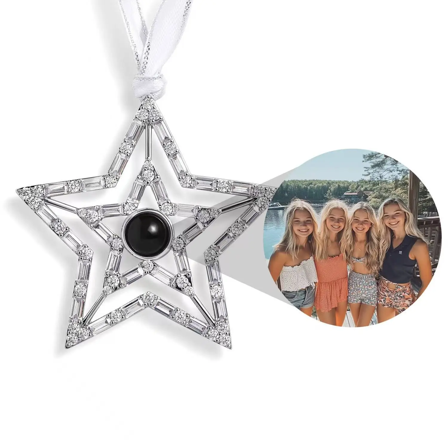 Five Pointed Star Photo Pendant with Full Diamond Design