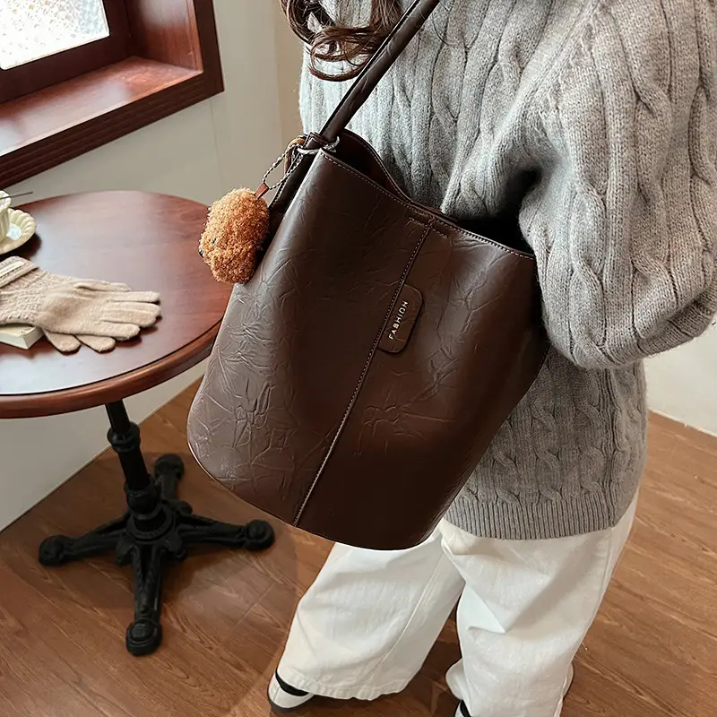 Korean Style Brown Bucket Bag for Women - Image 9