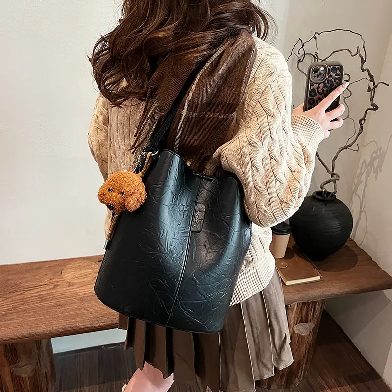 Korean Style Brown Bucket Bag for Women - Image 10