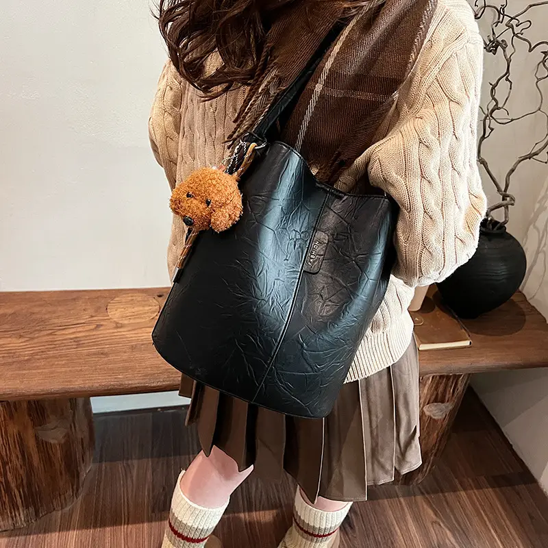 Korean Style Brown Bucket Bag for Women - Image 2
