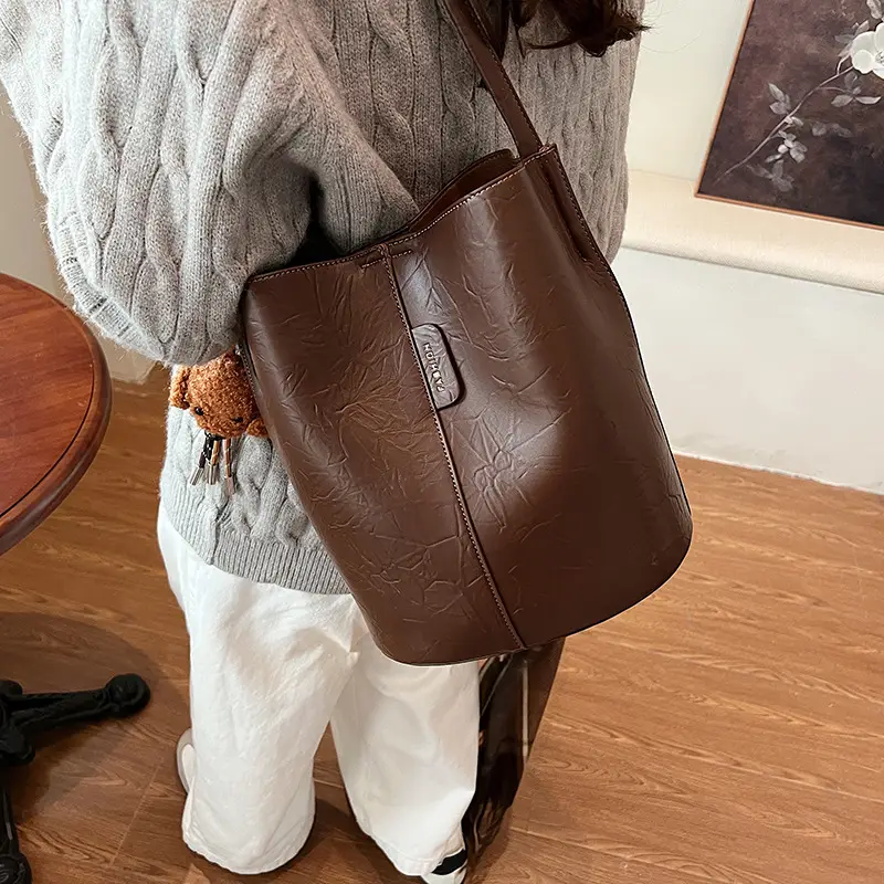 Korean Style Brown Bucket Bag for Women - Image 4