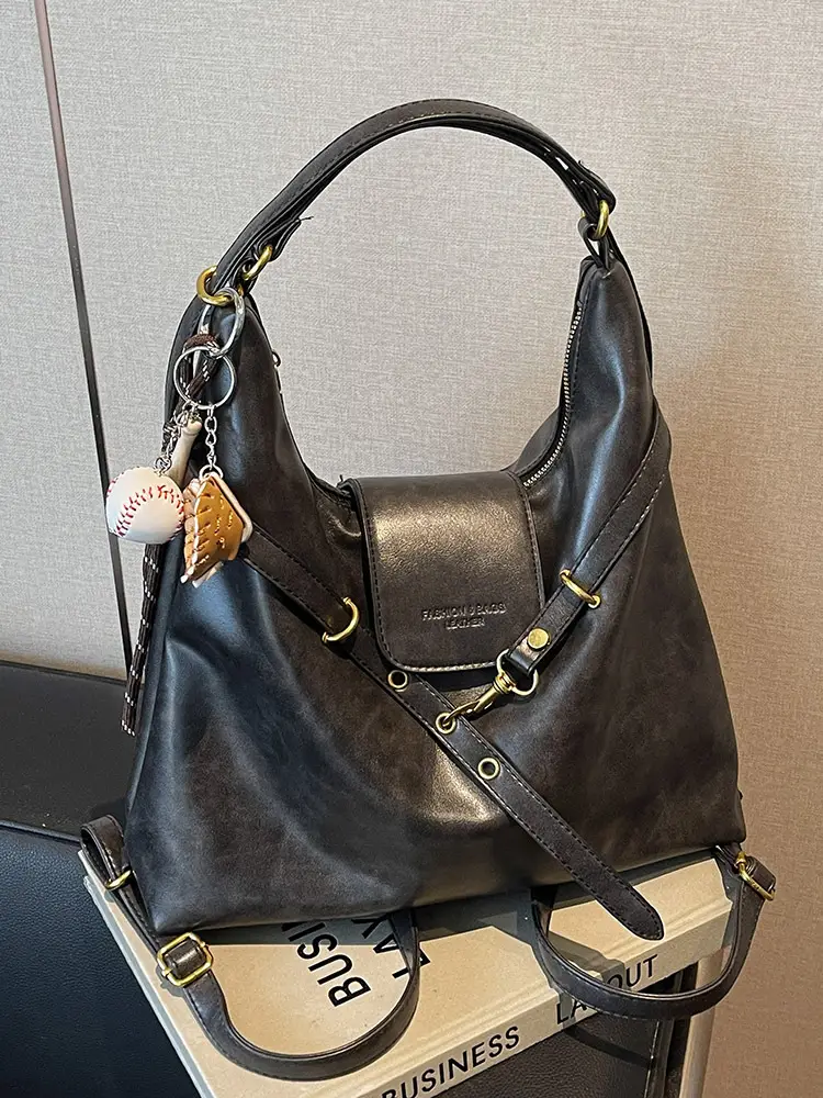 Women's Black Shoulder Tote Bag with Pom Pom Decor