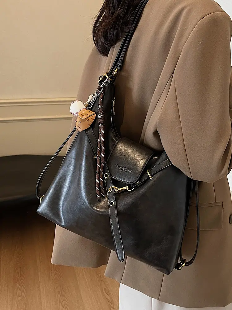 Women's Black Shoulder Tote Bag with Pom Pom Decor