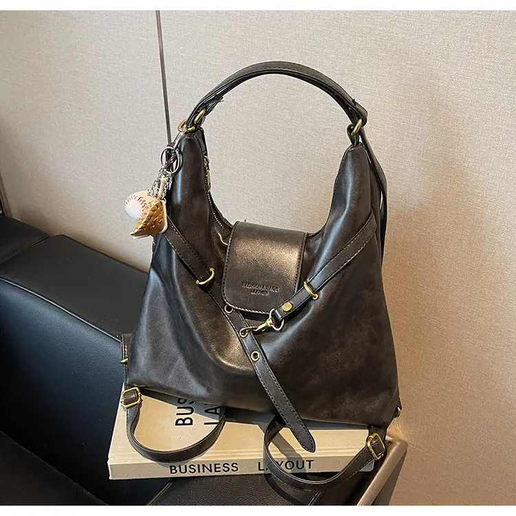 Women's Black Shoulder Tote Bag with Pom Pom Decor — feature 12