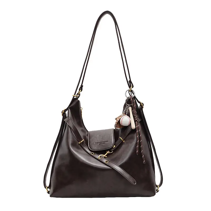 Women's Black Shoulder Tote Bag with Pom Pom Decor