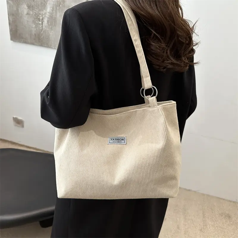 Atmospheric Fashion Corduroy Shoulder Tote Brown 2024 Winter - Image 8
