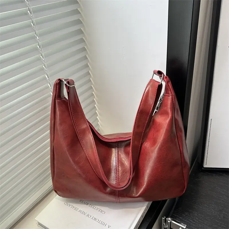 Trendy Red Leather Shoulder Tote Bag for Women