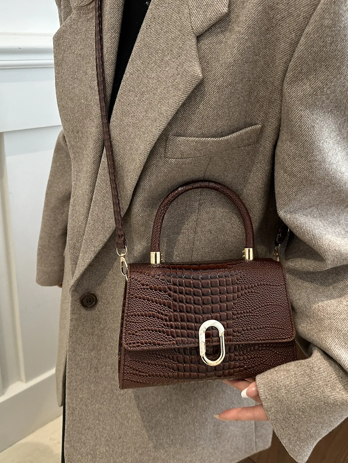 Women's Retro Square Bag Brown Crocodile Print Spring 2025 - Image 7