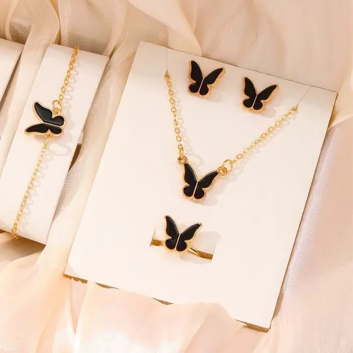 Butterfly Jewelry Set Gold Black Necklace Bracelet Ring Earrings — feature 4