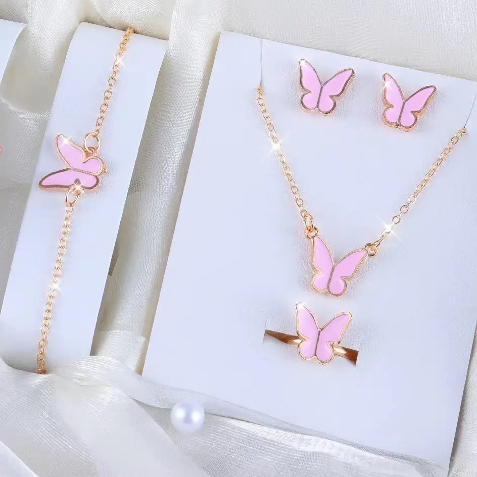 Butterfly Jewelry Set Gold Black Necklace Bracelet Ring Earrings — feature 5