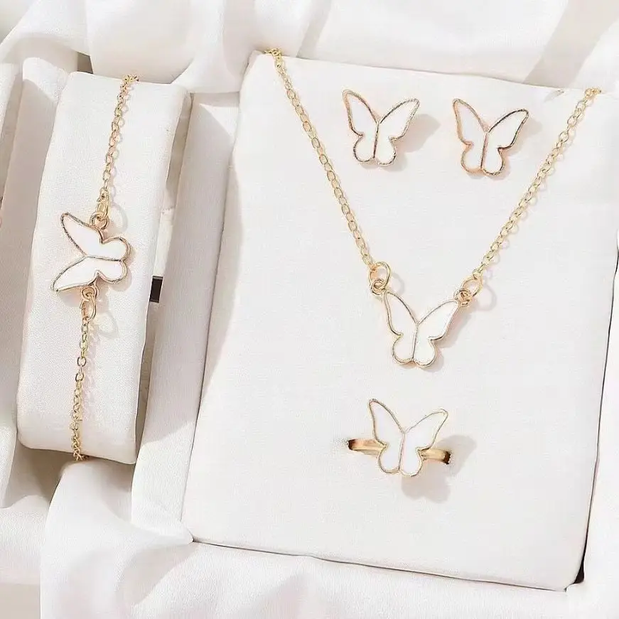 Butterfly Jewelry Set Gold Black Necklace Bracelet Ring Earrings — feature 6