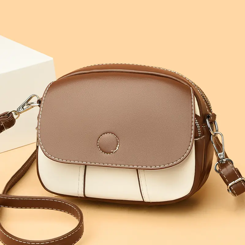 Women Crossbody Bag Mini Multi Layered Brown White - Image 5