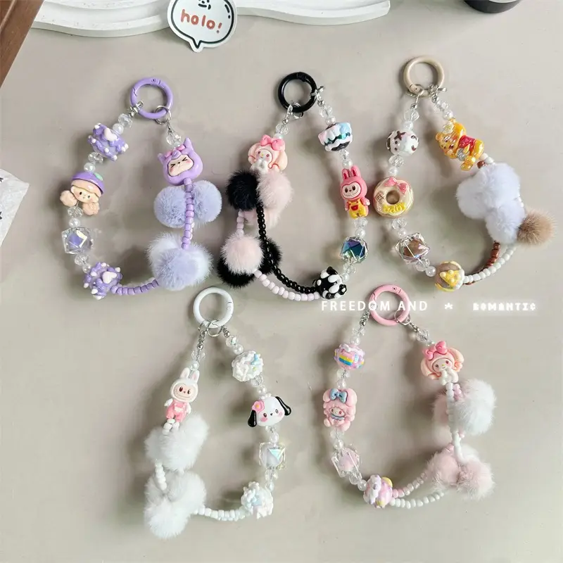 Mobile Phone Keychain with Cute Fur Balls & Hand Painted Beads