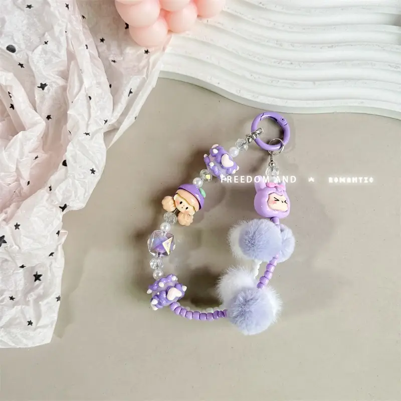Mobile Phone Keychain with Cute Fur Balls & Hand Painted Beads