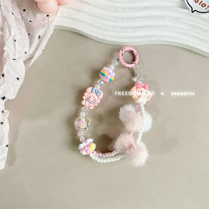 Mobile Phone Keychain with Cute Fur Balls & Hand Painted Beads