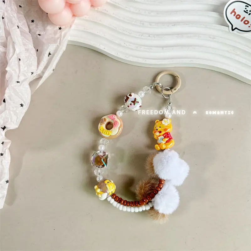 Mobile Phone Keychain with Cute Fur Balls & Hand Painted Beads