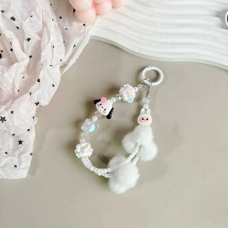 Mobile Phone Keychain with Cute Fur Balls & Hand Painted Beads
