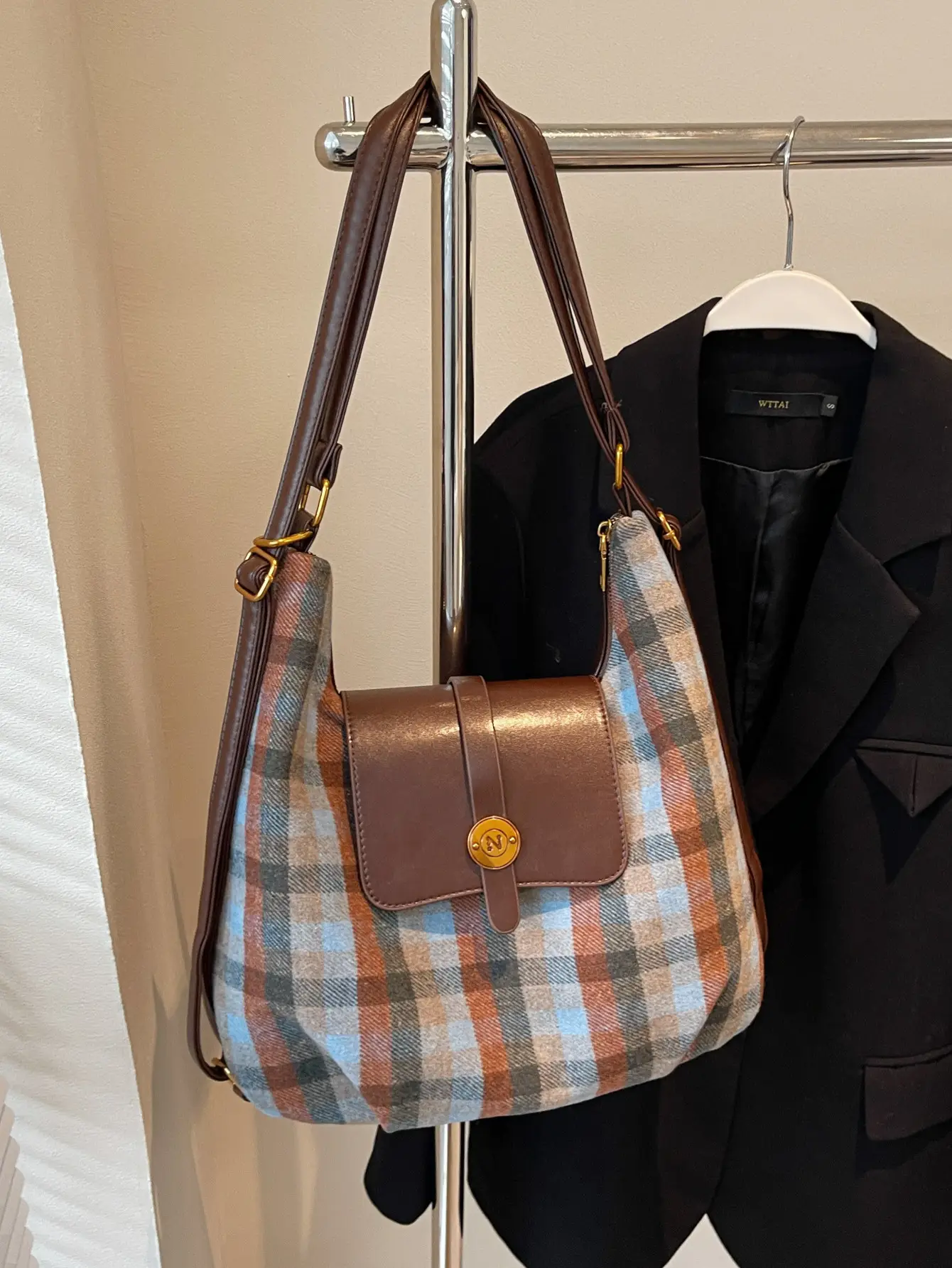 Women Plaid Check Shoulder Bag Large Capacity Travel Backpack - Image 4