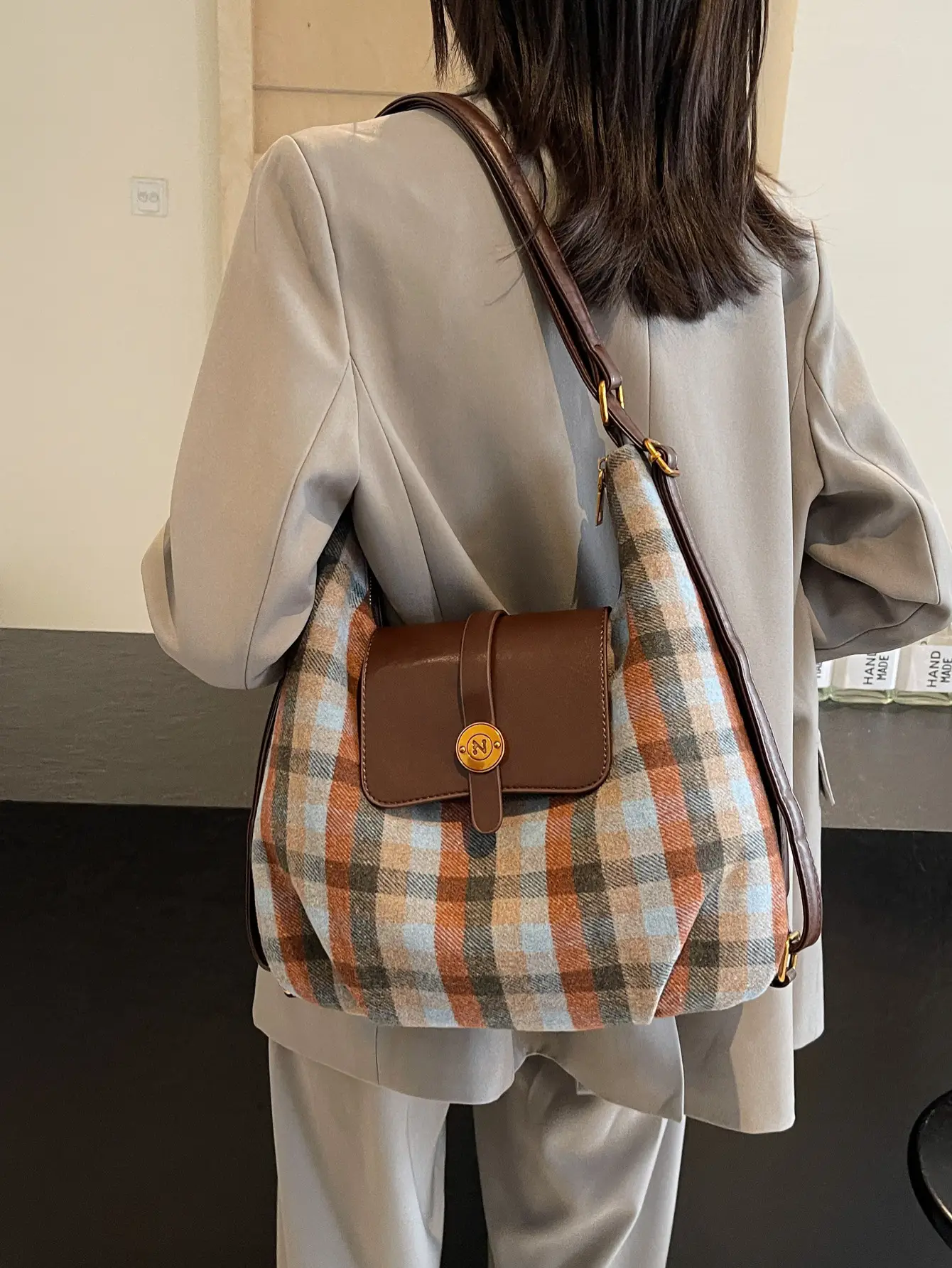 Women Plaid Check Shoulder Bag Large Capacity Travel Backpack - Image 6