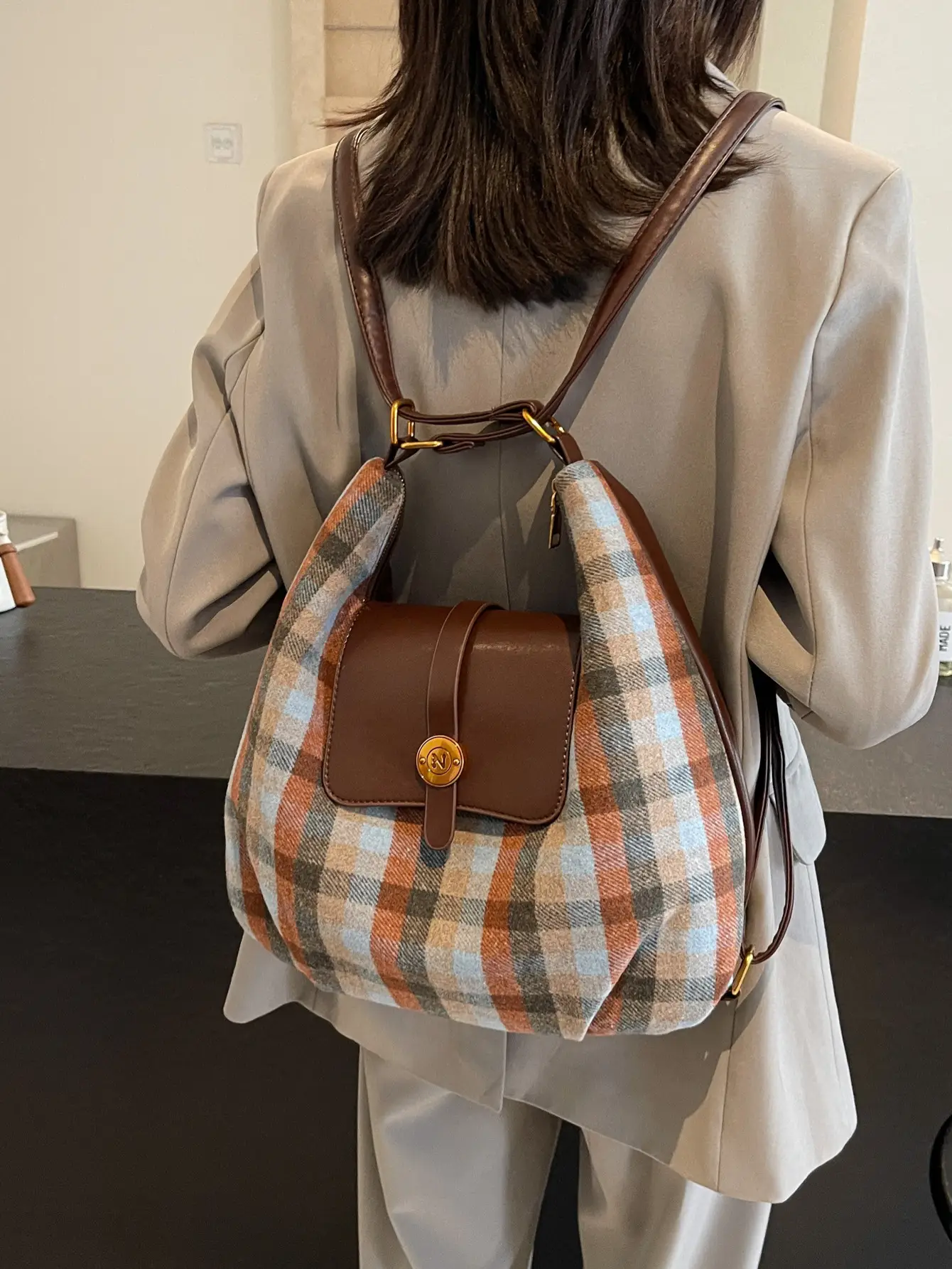 Women Plaid Check Shoulder Bag Large Capacity Travel Backpack - Image 7