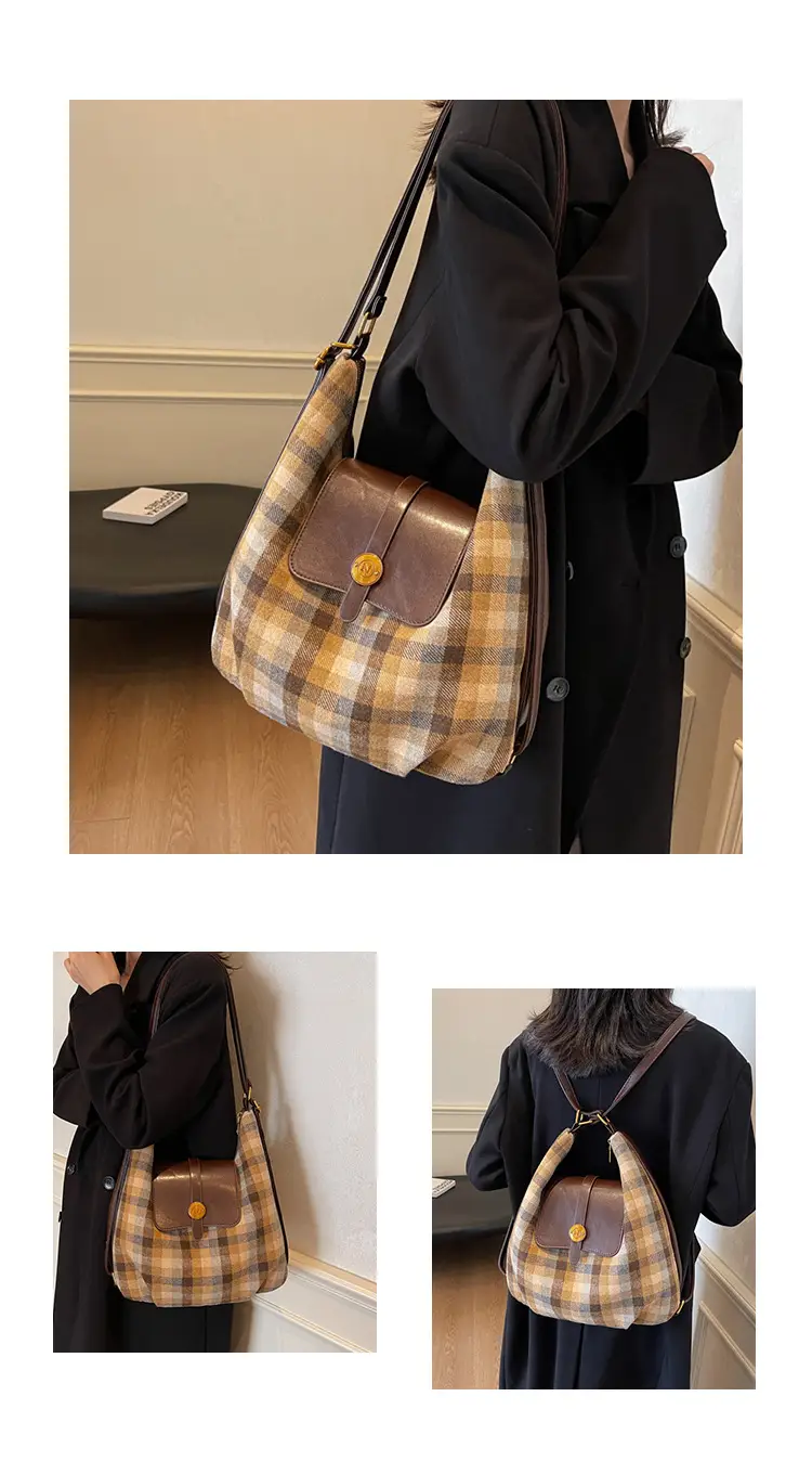 Women Plaid Check Shoulder Bag Large Capacity Travel Backpack — feature 13